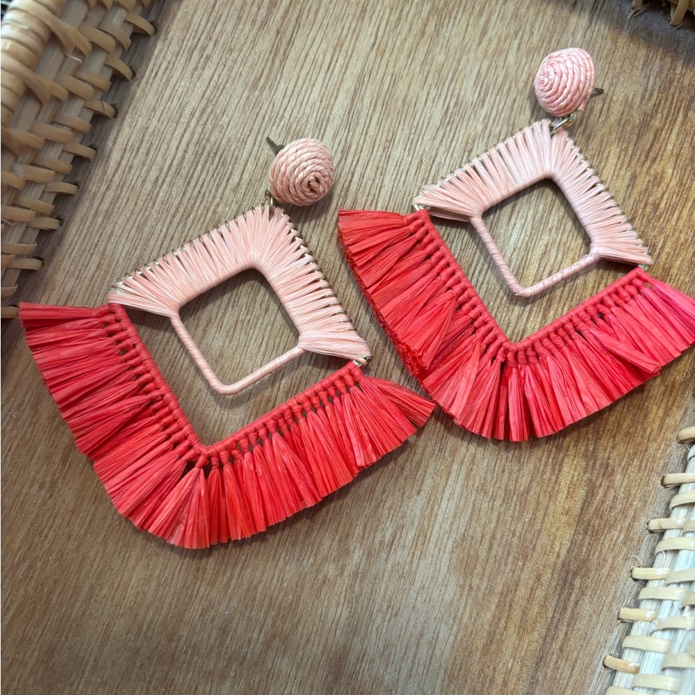Raffia Statement Earrings | Coral and Red Geometric Earrings | Large
